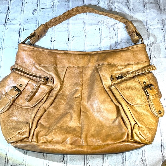 Tano Handbags - Tano Leather Hobo Shoulder Bag with Braided Strap - Tan